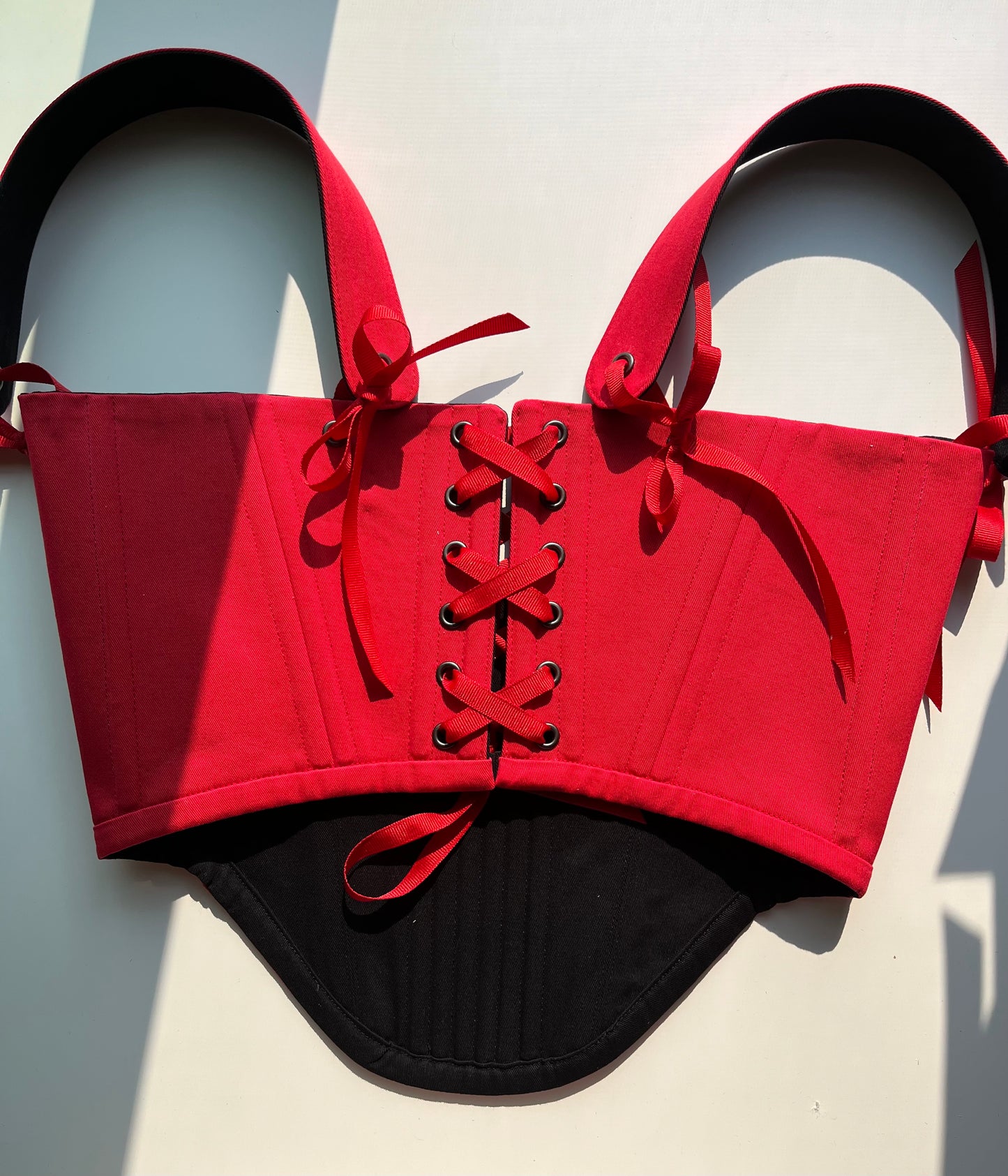 Black and red reversible underbust corsage with removable shoulder straps