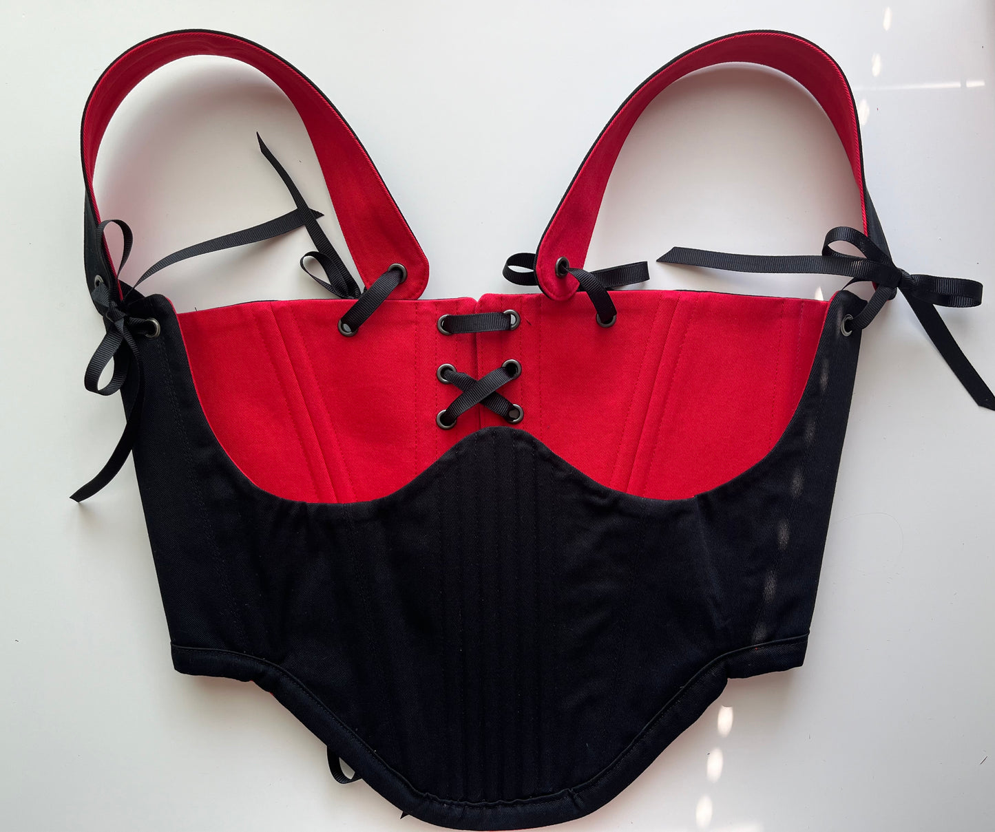 Black and red reversible underbust corsage with removable shoulder straps