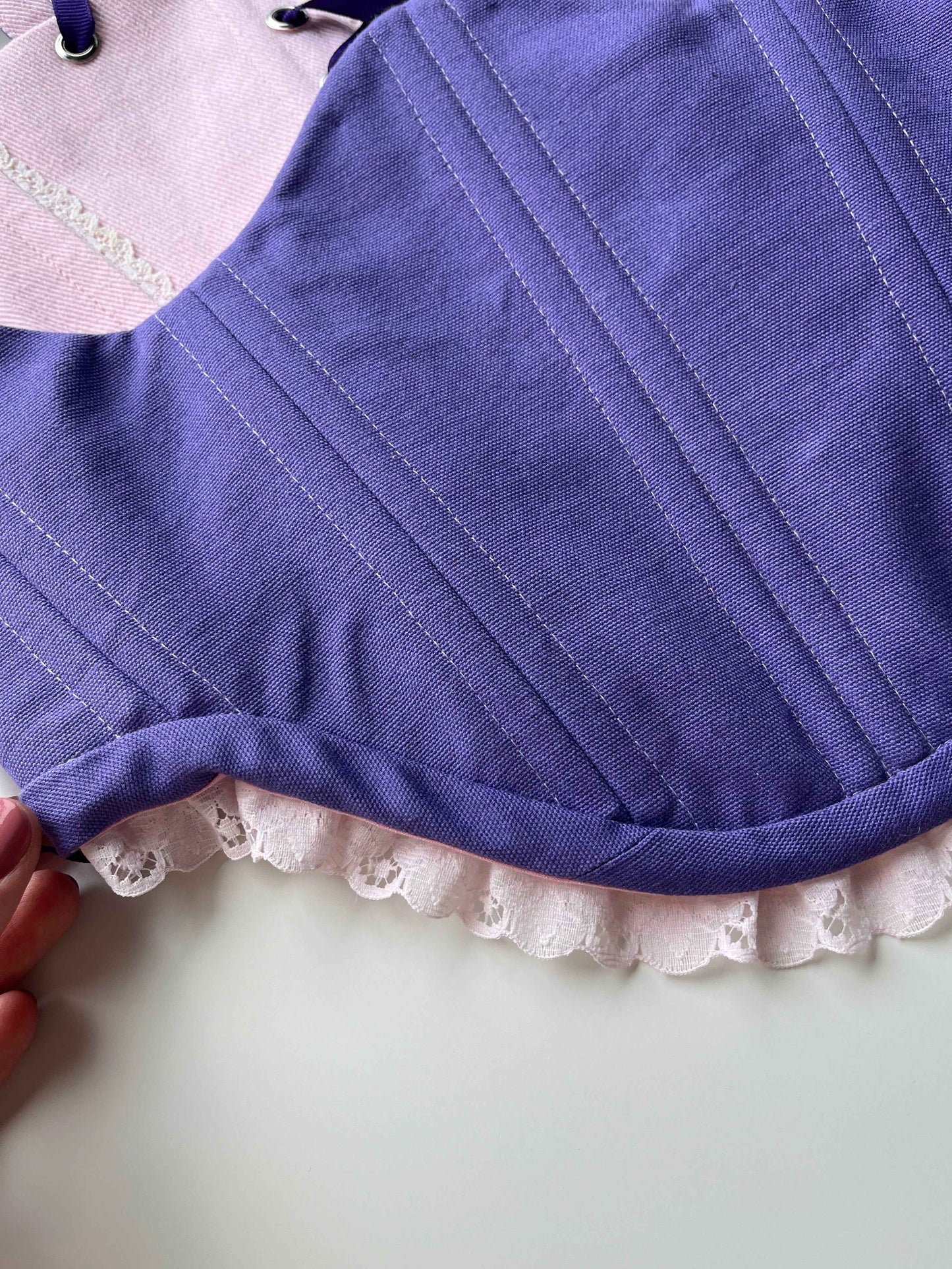 “Cupcake” reversible underbust corsage, size S-M, one side is pink with ruffles and the other is purple 💜🩷