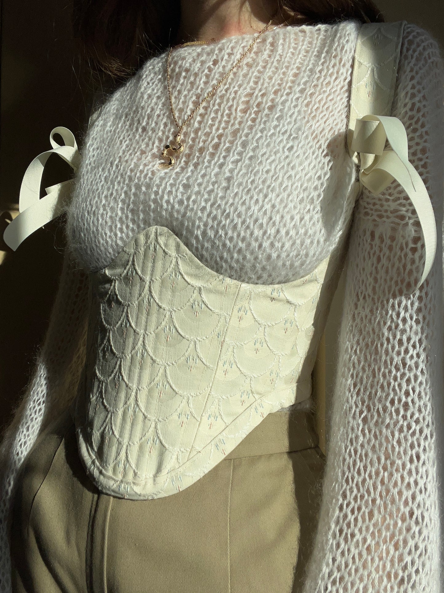 Reversible cream mermaid/ khaki underbust corsage, s-m