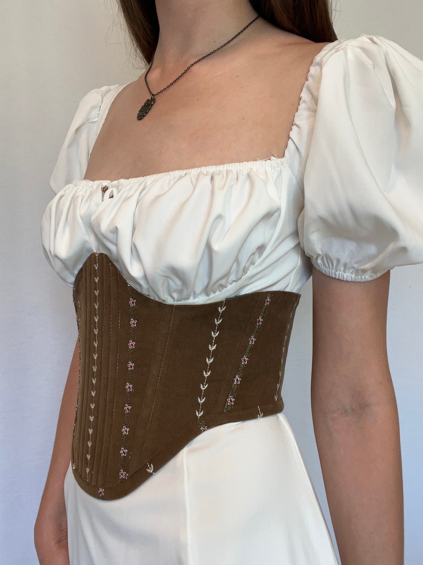 Brown underbust corsage belt with floral embroidery, size M