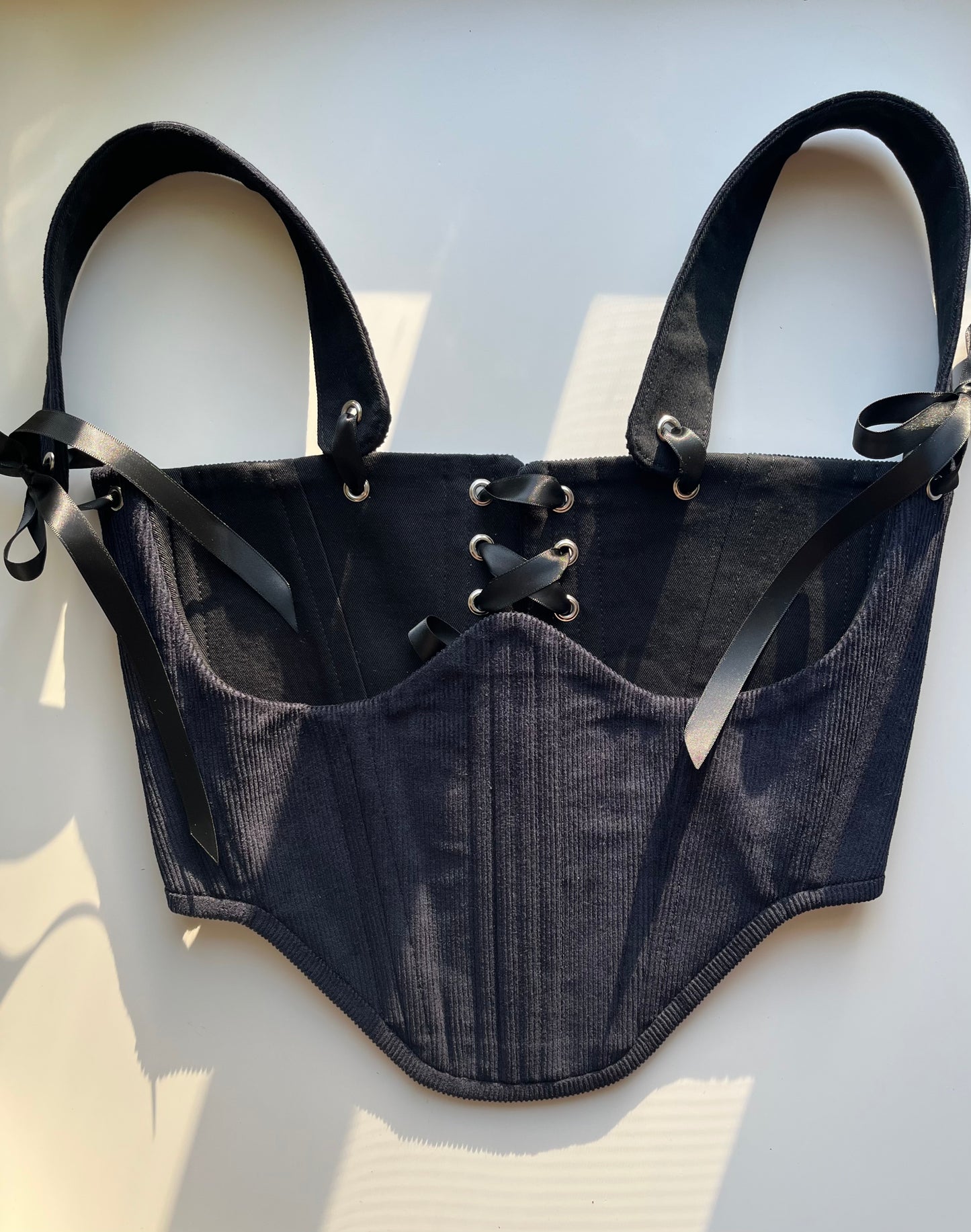 Reversible cotton twill black/dark blue cotton corduroy underbust corsage with removable shoulder straps 🖤💙
