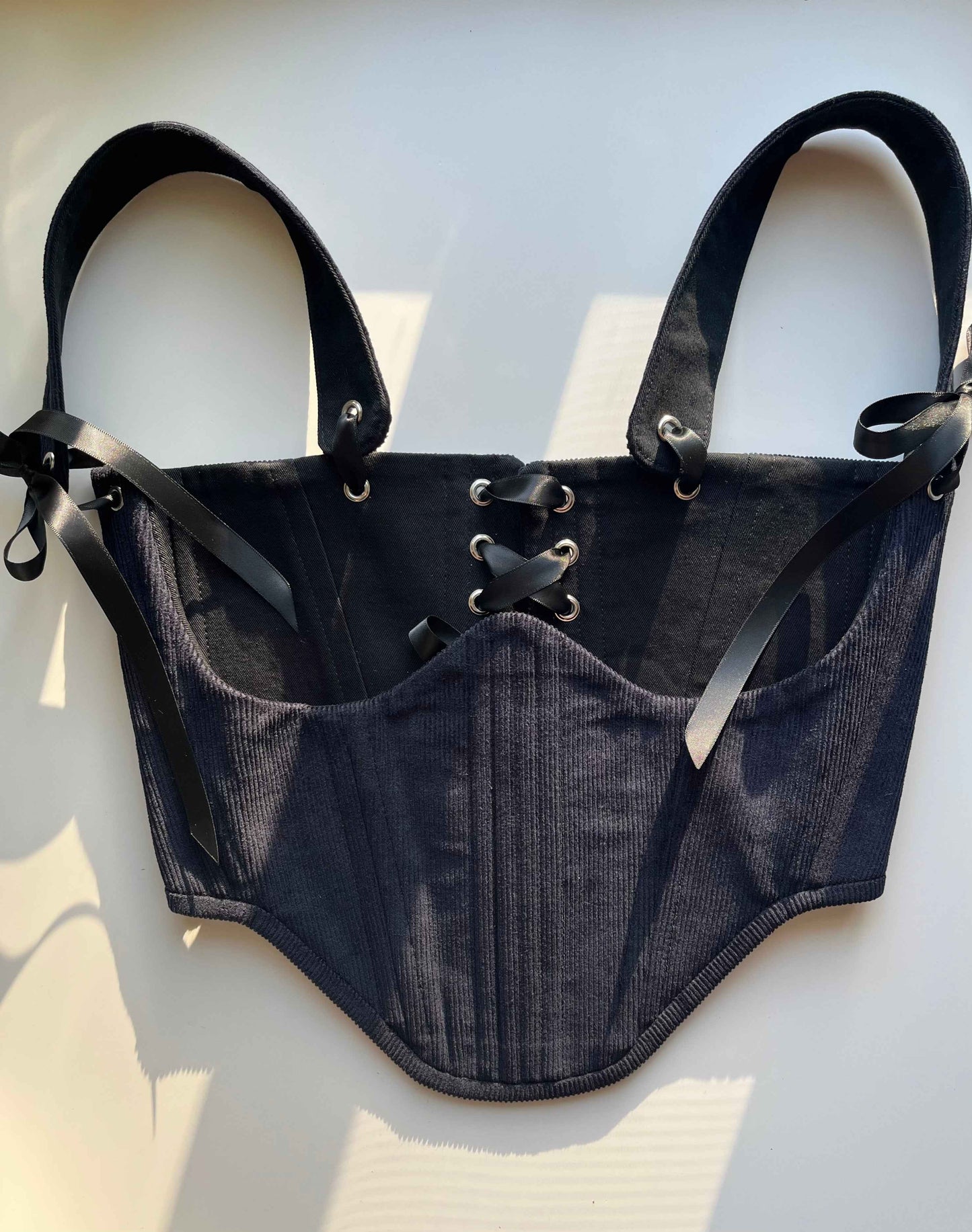 Reversible cotton twill black/dark blue cotton corduroy underbust corsage with removable shoulder straps 🖤💙