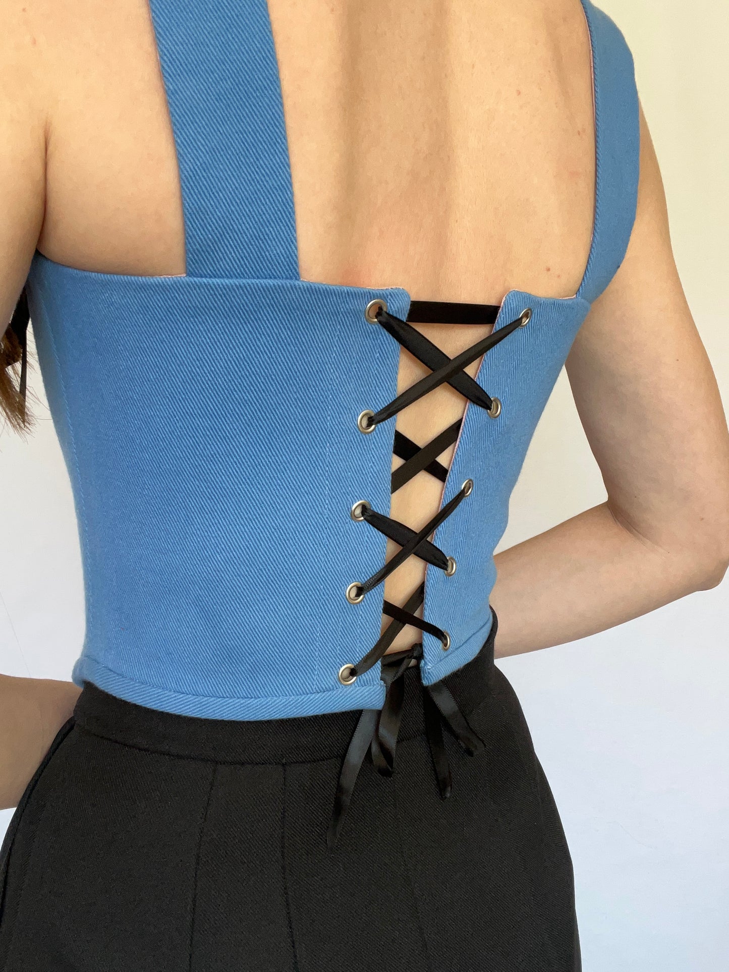 Blue denim corset with shoulder straps, size S-M