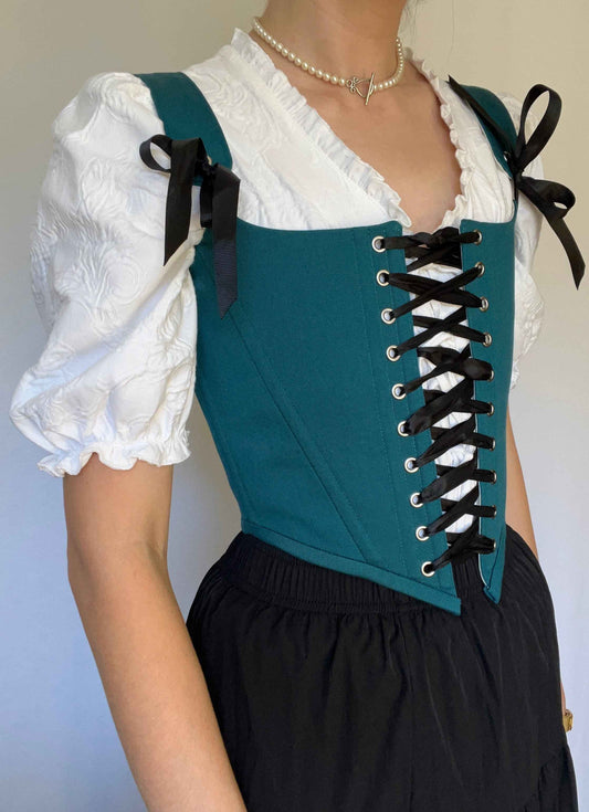 Teal corset with front and back ties, removable shoulder straps,