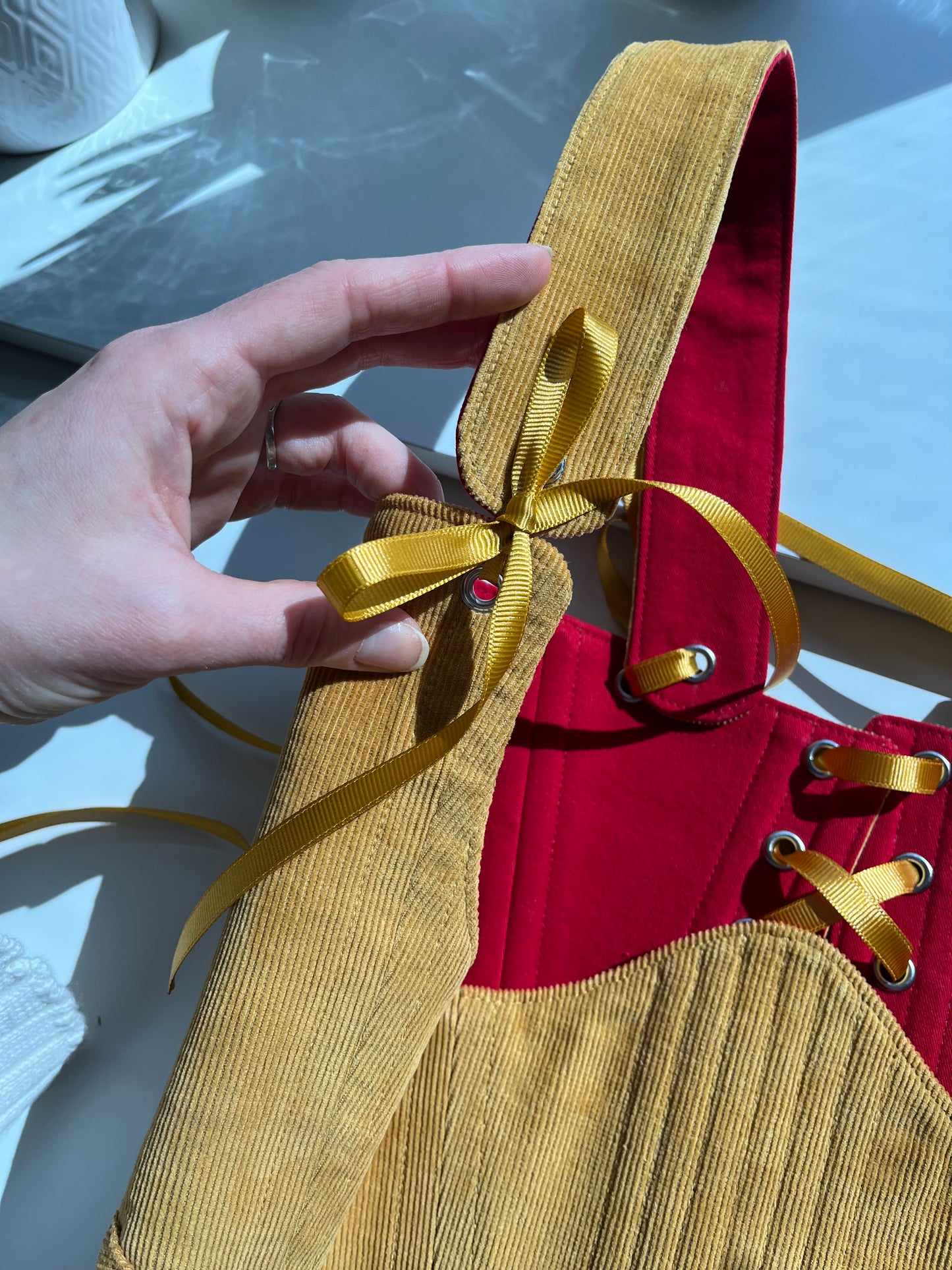 Reversible!!!Red cotton twill/mustard corduroy underbust corsage, size L-XL