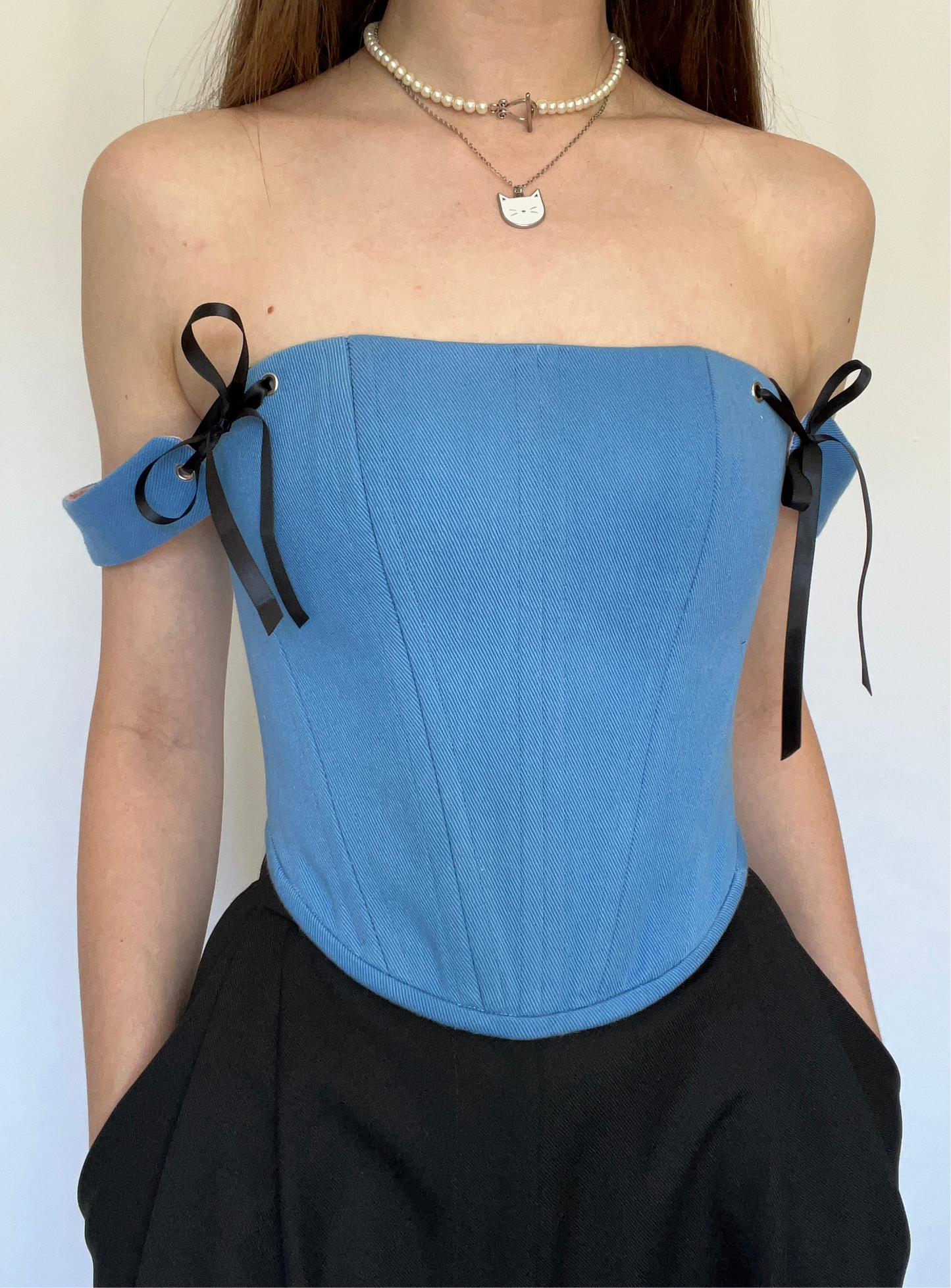 Blue denim corset with shoulder straps, size S-M