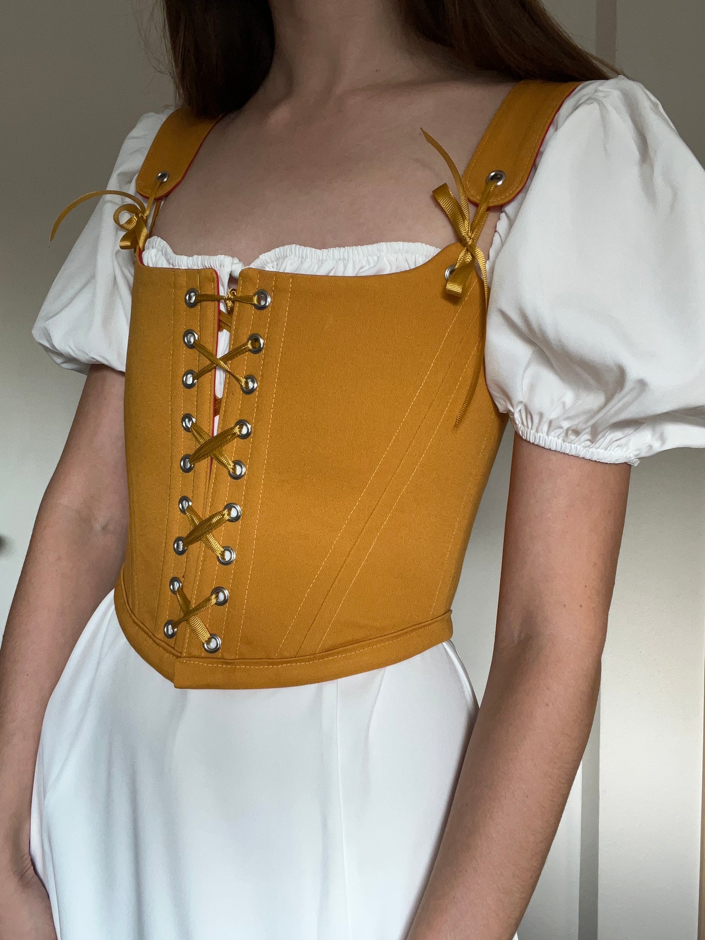 Reversible corset red/mustard yellow with removable shoulder straps