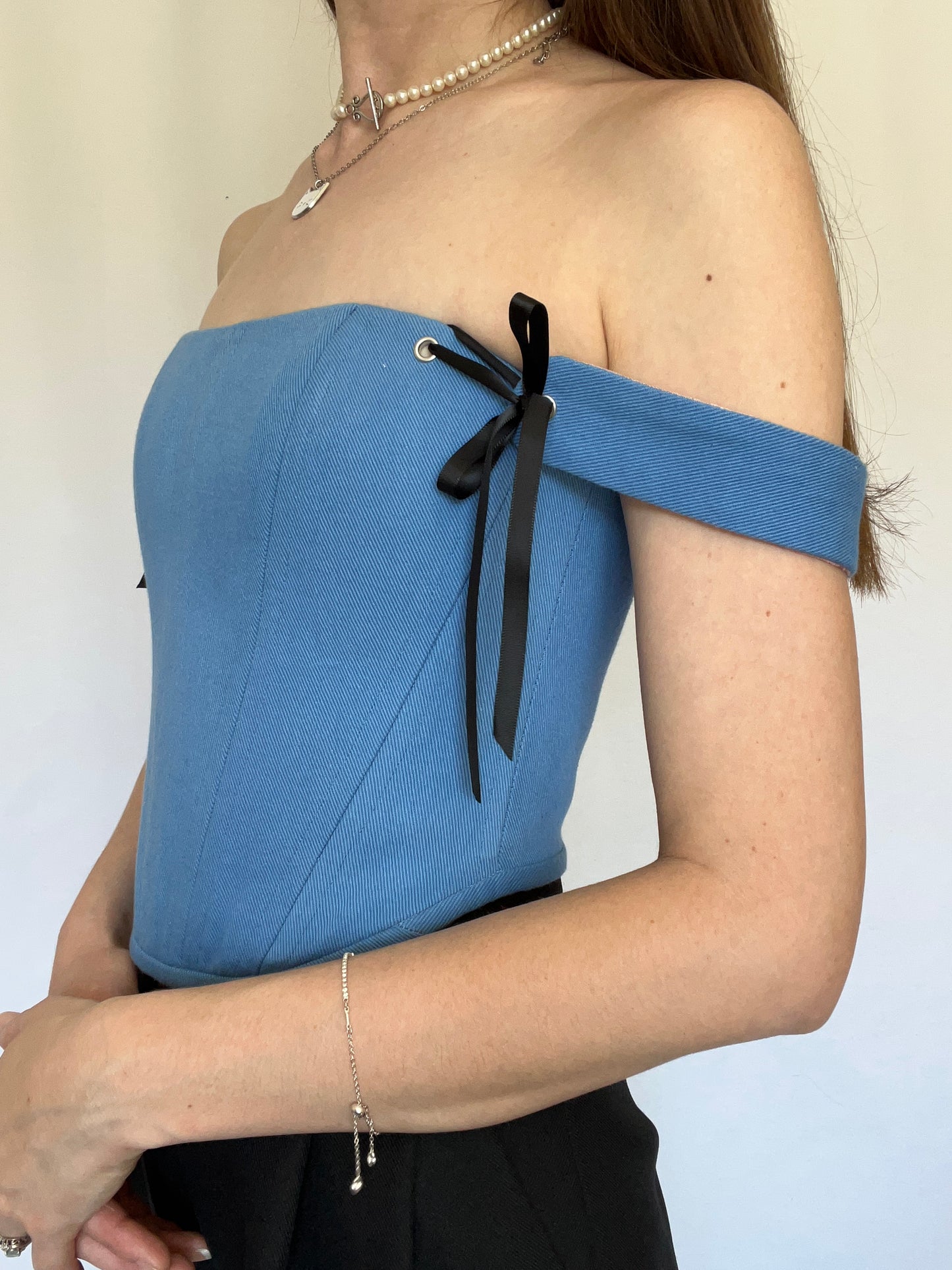 Blue denim corset with shoulder straps, size S-M