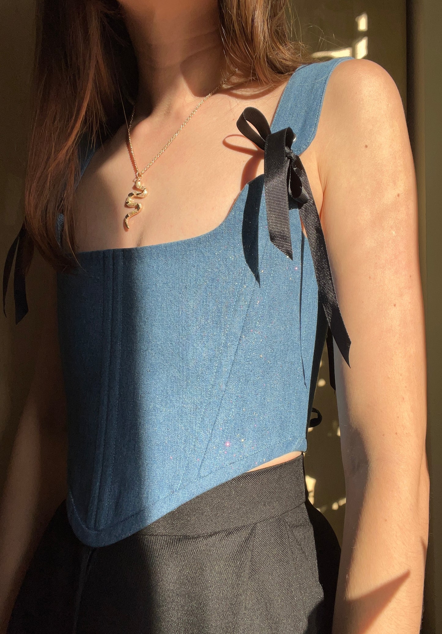 Size S-M Reversible corset in sparkly denim on one side and blue with trim on the other 🩵