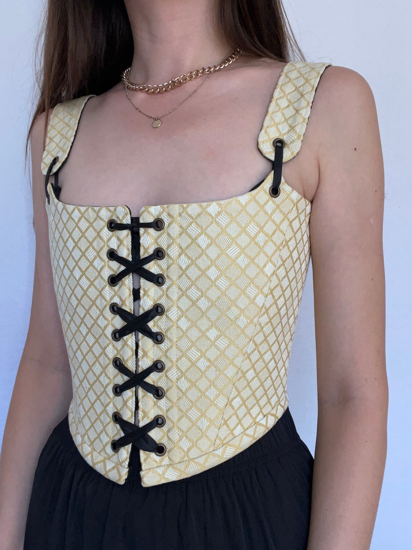 Reversible black/buttercream yellow corset with removable shoulder straps