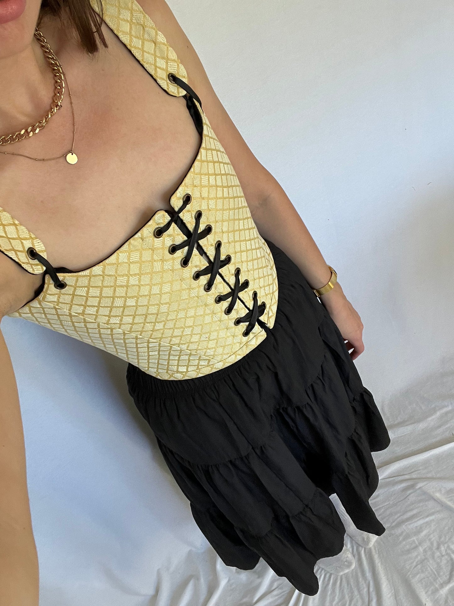 Reversible black/buttercream yellow corset with removable shoulder straps