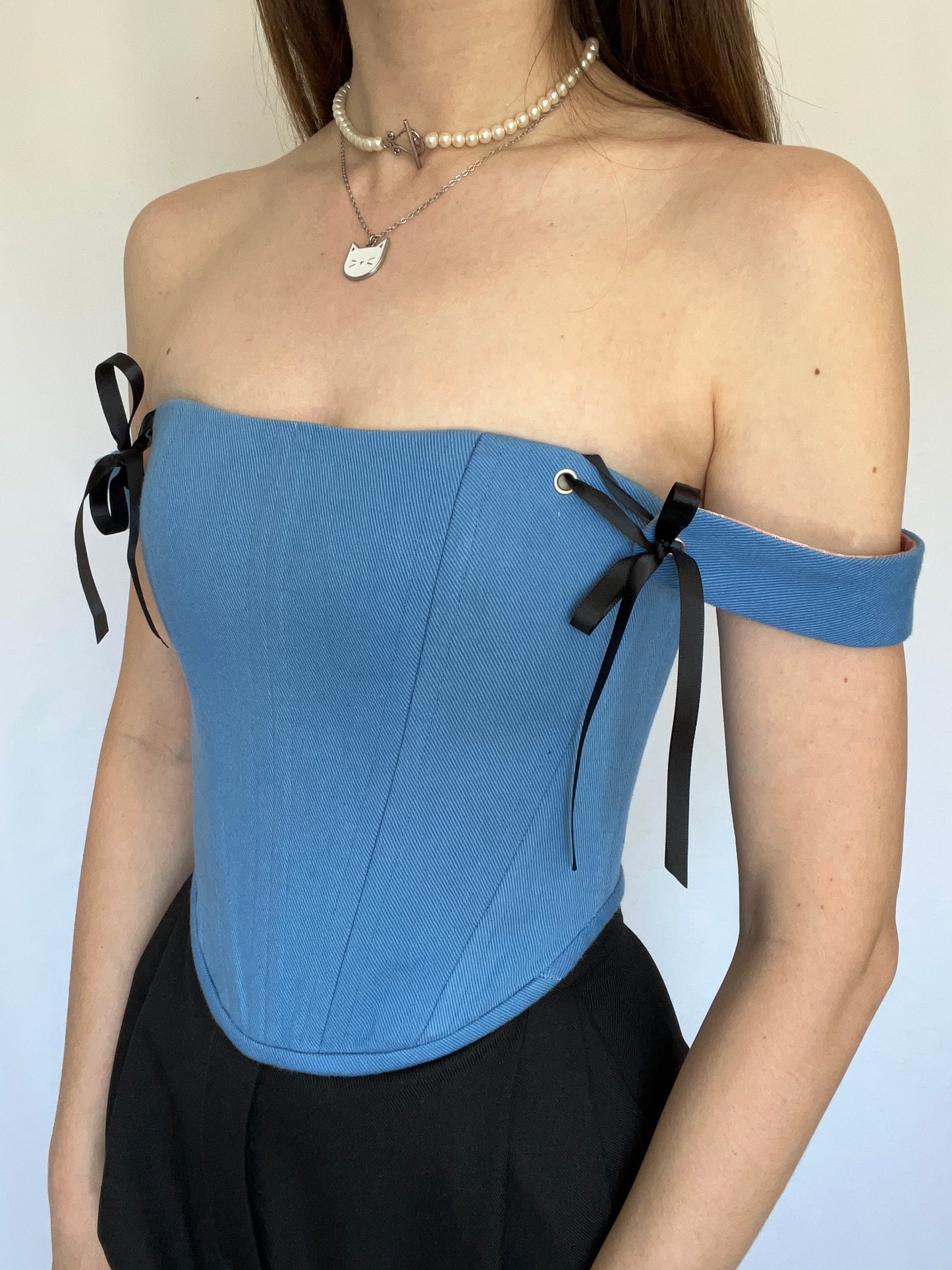 Blue denim corset with shoulder straps, size S-M