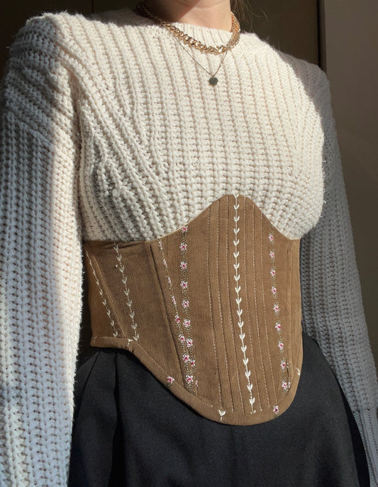 Brown underbust corsage belt  with floral embroidery, size M