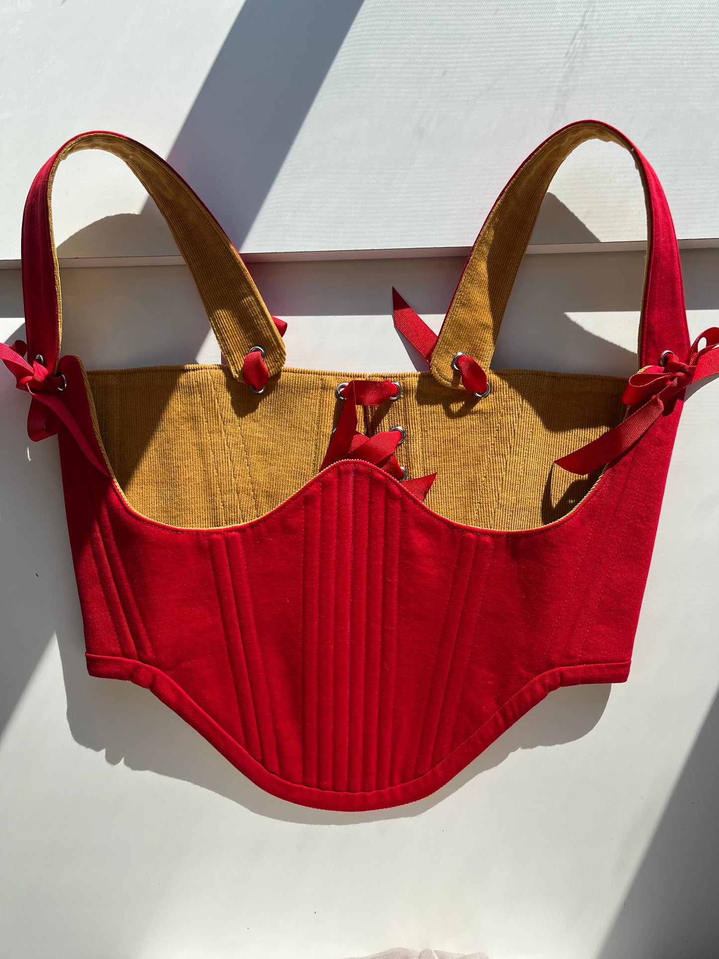 Reversible!!!Red cotton twill/mustard corduroy underbust corsage, size L-XL