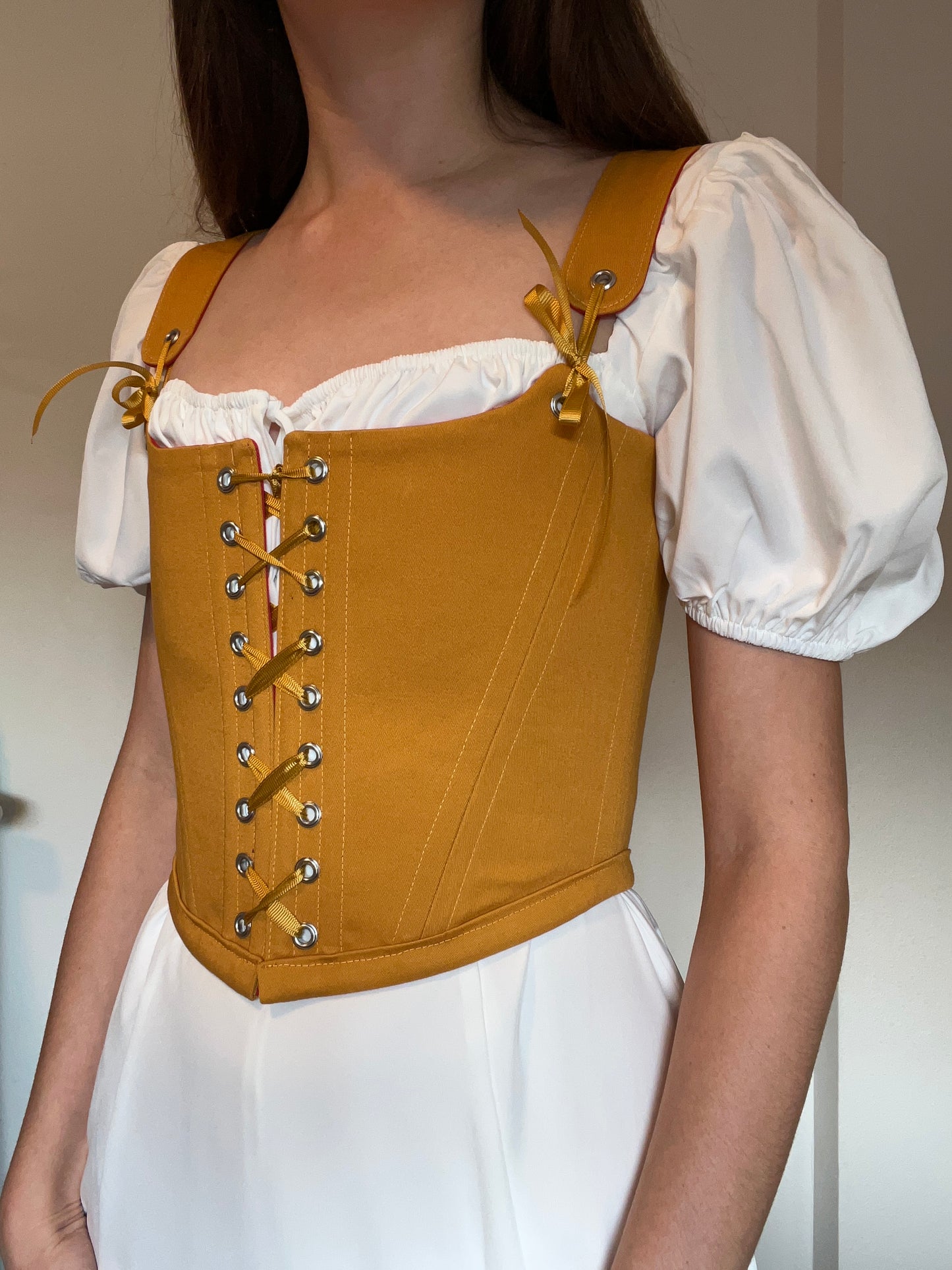 Reversible corset red/mustard yellow with removable shoulder straps