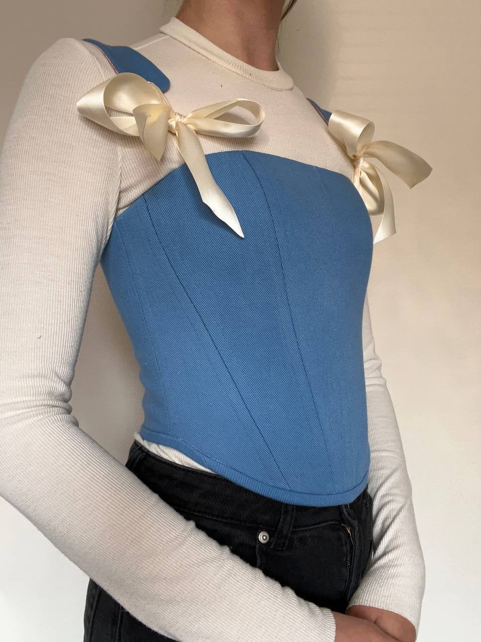 Blue denim corset with shoulder straps, size 2/XS -4/S