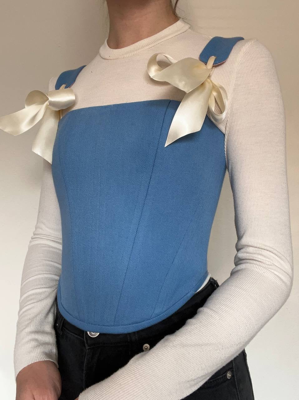 Blue denim corset with shoulder straps, size 2/XS -4/S